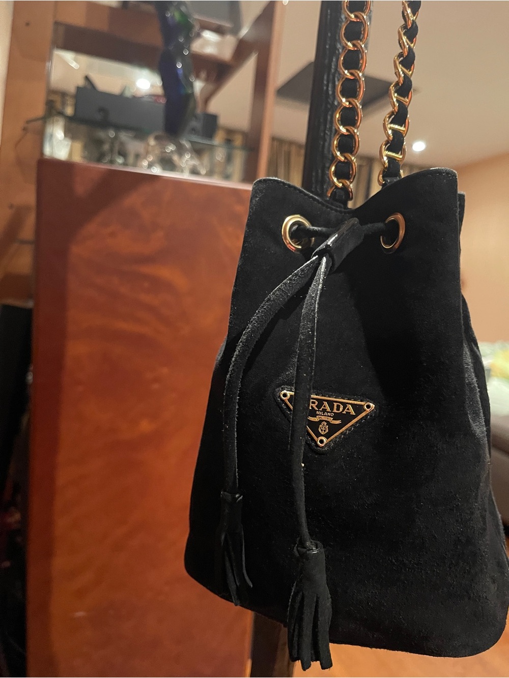 Prada Black Suede Bucket Bag with Gold Chain